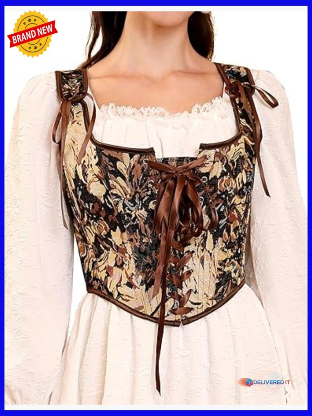 Vintage Floral Corset Lace-Up Fishbone Print Vest Renaissance Costume Bustier